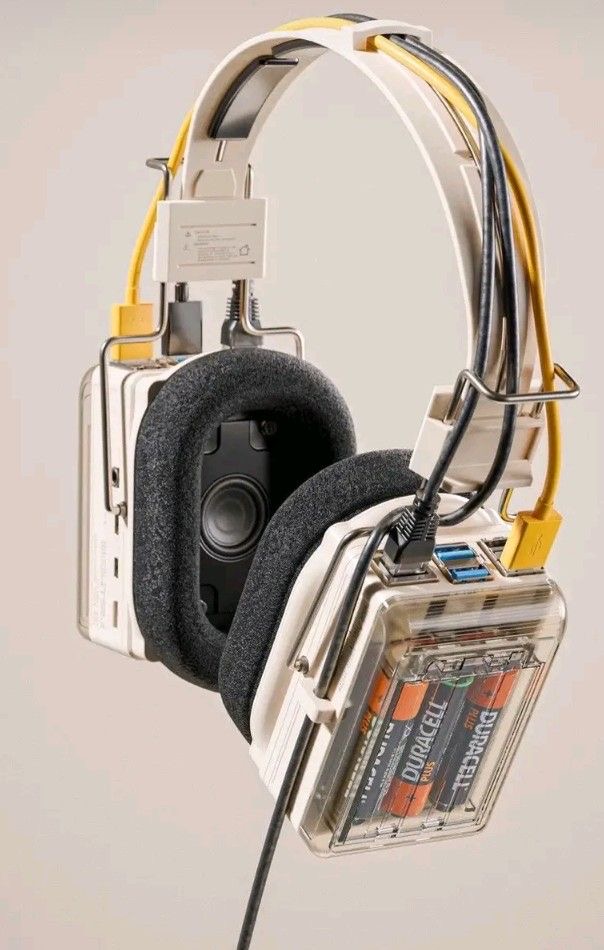 vintage headphones with transparent case for batteries